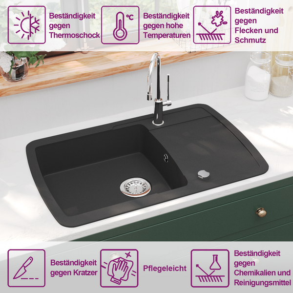 vidaXL Granite Sink Single Bowl Black