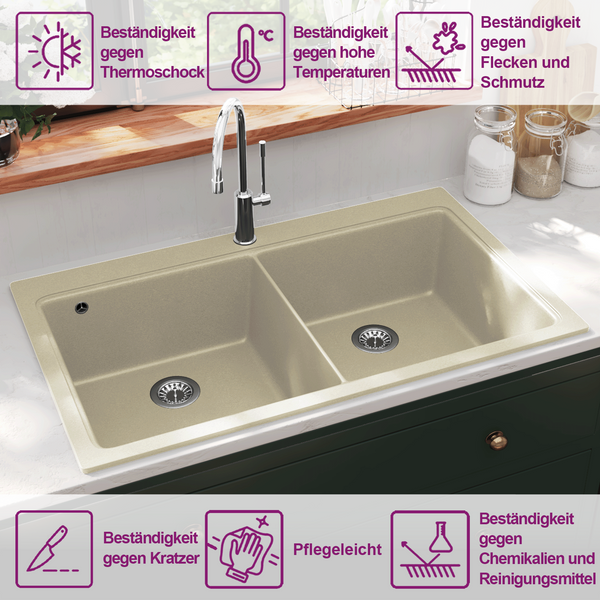 vidaXL Granite Sink Double Basin Beige