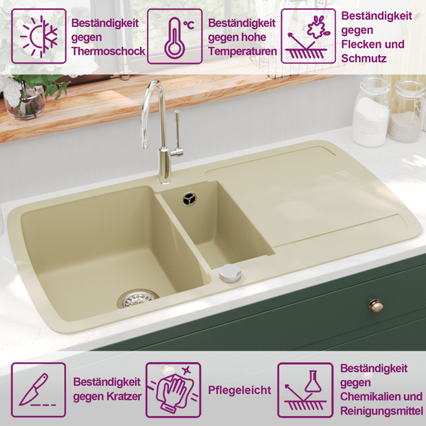 vidaXL Évier de cuisine double bac en granit beige