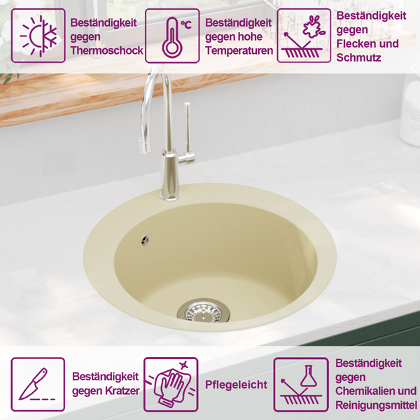 vidaXL Granite Sink Single Bowl Round Beige