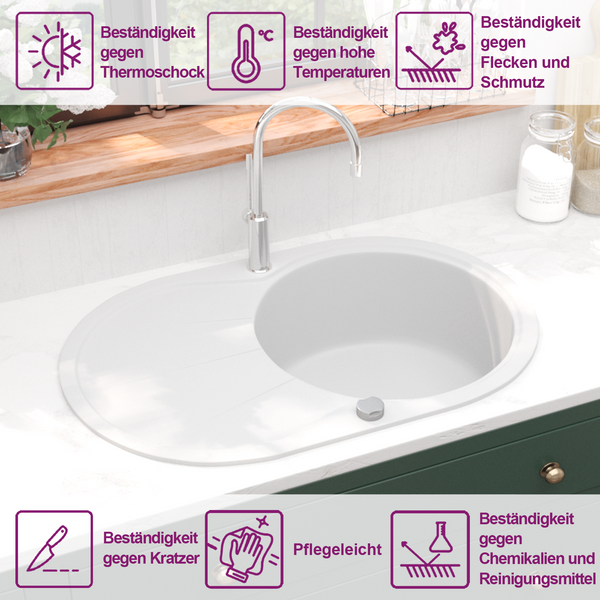 vidaXL Granite Sink Single Bowl Oval White