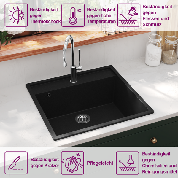 Küchenspüle mit Überlauf Schwarz Granit