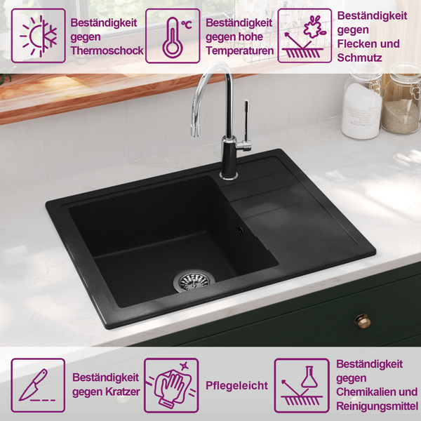 Küchenspüle mit Überlauf Oval Schwarz Granit