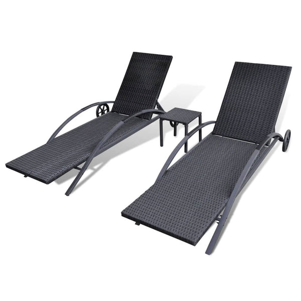 Poly Rattan Sonnenliegen mit Tisch, Schwarz