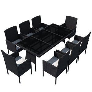 9-tlg. Garten-Essgruppe mit Kissen Poly Rattan Schwarz
