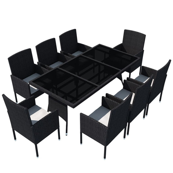 9-tlg. Garten-Essgruppe mit Kissen Poly Rattan Schwarz
