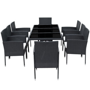 9-tlg. Garten-Essgruppe mit Kissen Poly Rattan Schwarz