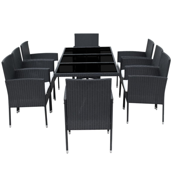 9-tlg. Garten-Essgruppe mit Kissen Poly Rattan Schwarz