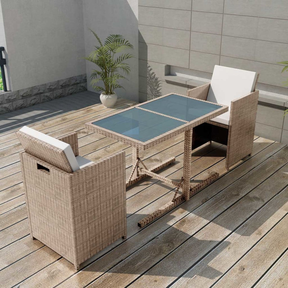3-tlg. Rattan Bistro Set Beige mit Auflagen