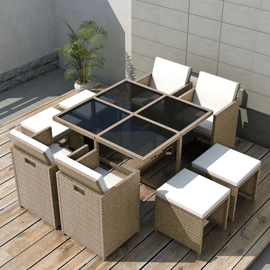 9-teilige Garten Essgruppe Beige Poly Rattan