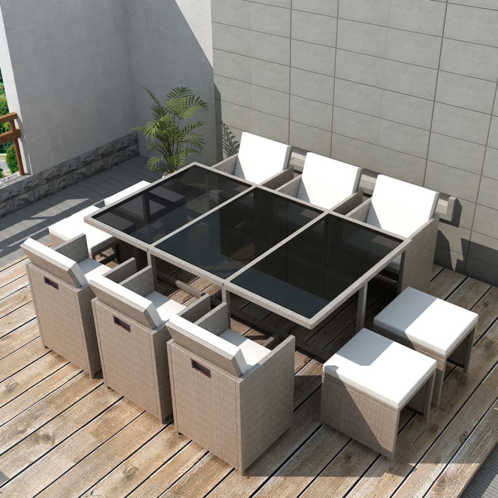 11-teilige Garten Essgruppe Beige Poly Rattan