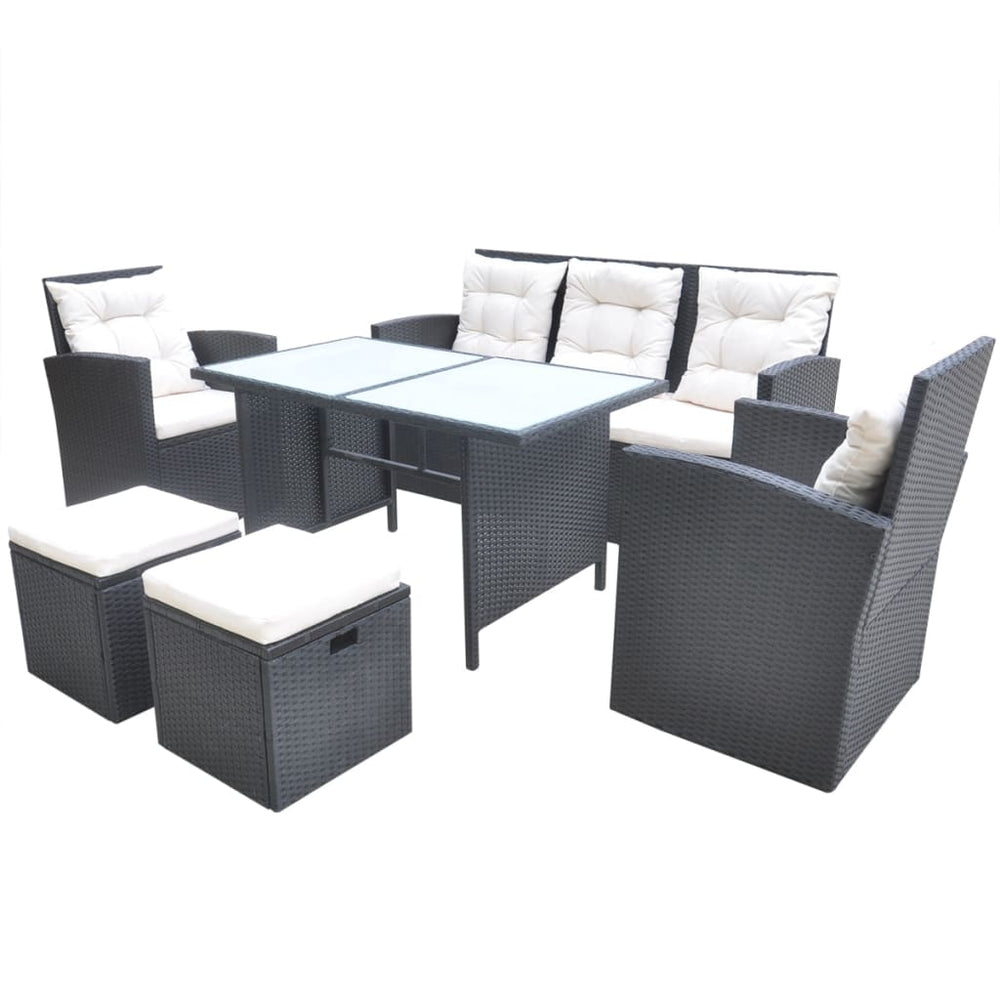 6-tlg. Garten Essgruppe Poly Rattan Schwarz mit Kissen