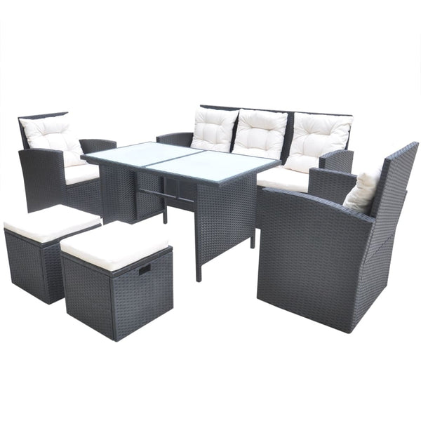 6-tlg. Garten Essgruppe Poly Rattan Schwarz mit Kissen