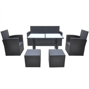 6-tlg. Garten Essgruppe Poly Rattan Schwarz mit Kissen