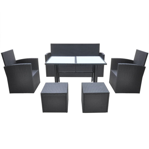 6-tlg. Garten Essgruppe Poly Rattan Schwarz mit Kissen