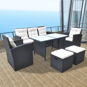 6-tlg. Garten Essgruppe Poly Rattan Schwarz mit Kissen