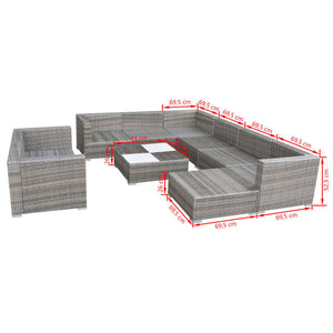 10-tlg. Garten-Lounge-Set mit Auflagen Poly Rattan Grau