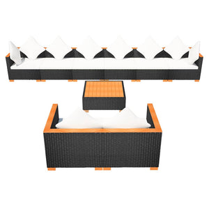 9-tlg. Garten-Lounge-Set mit Auflagen Poly Rattan Schwarz