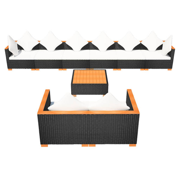 9-tlg. Garten-Lounge-Set mit Auflagen Poly Rattan Schwarz