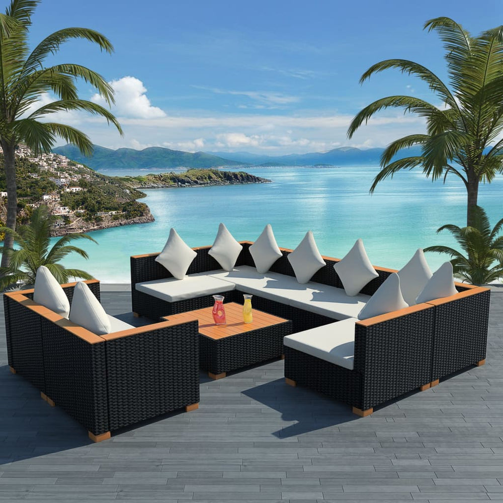 vidaXL Salon de jardin 9 pcs avec coussins résine tressée noir