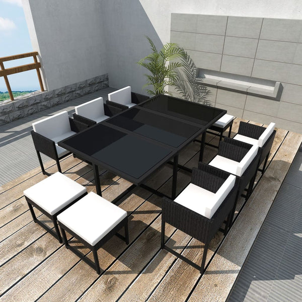 11-tlg. Garten Essgruppe Poly Rattan Schwarz