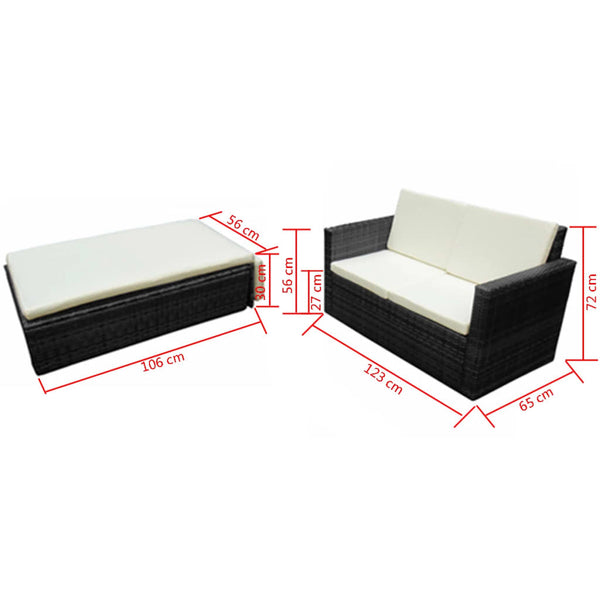 2-tlg. Garten-Lounge-Set mit Kissen Poly Rattan Schwarz