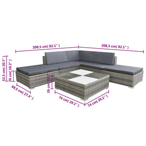6-tlg. Garten-Lounge-Set mit Kissen Poly Rattan Grau