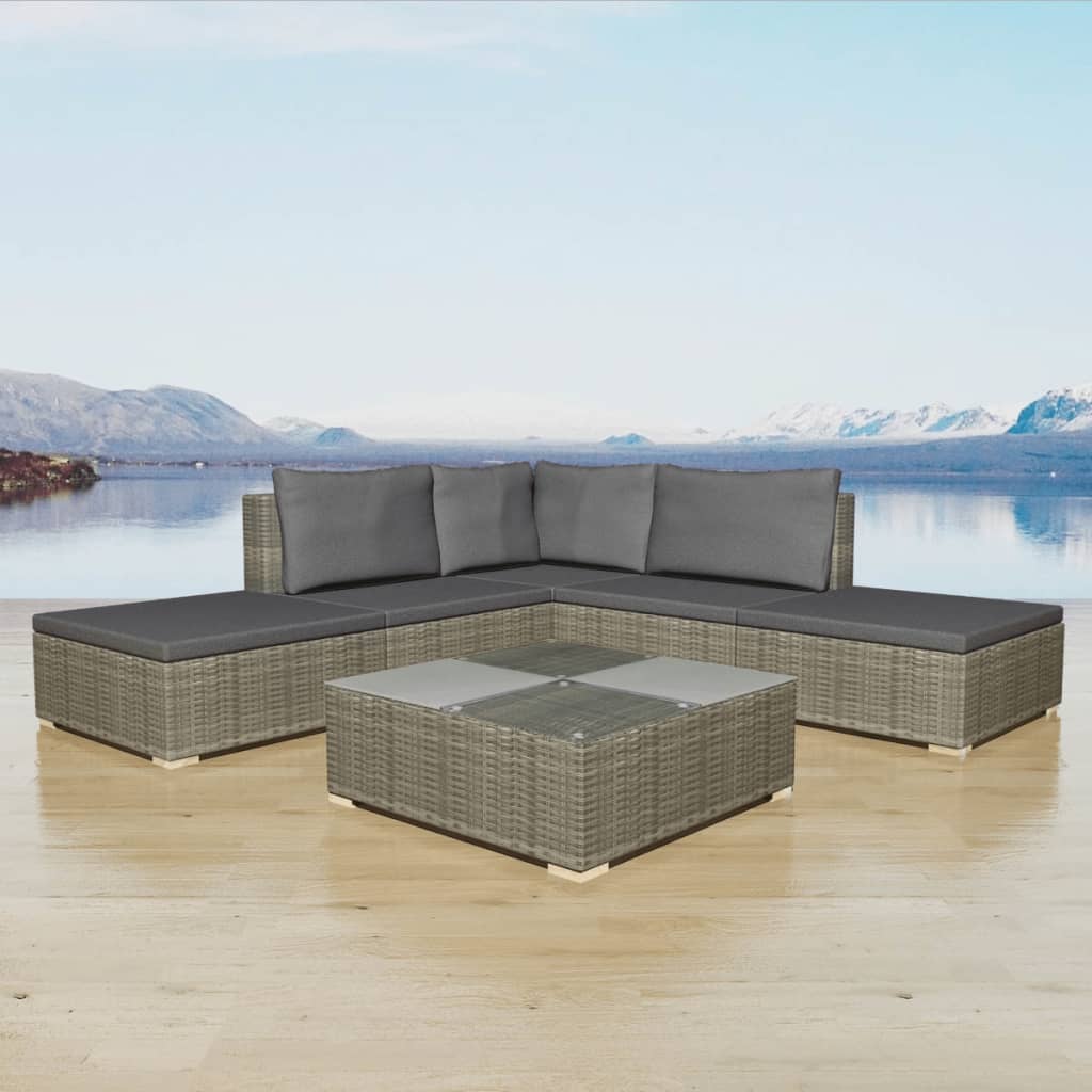 6-tlg. Garten-Lounge-Set mit Kissen Poly Rattan Grau