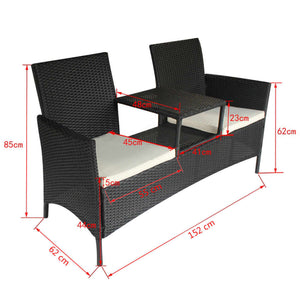 Gartensofa 2-Sitzer mit Tisch Schwarz Rattan