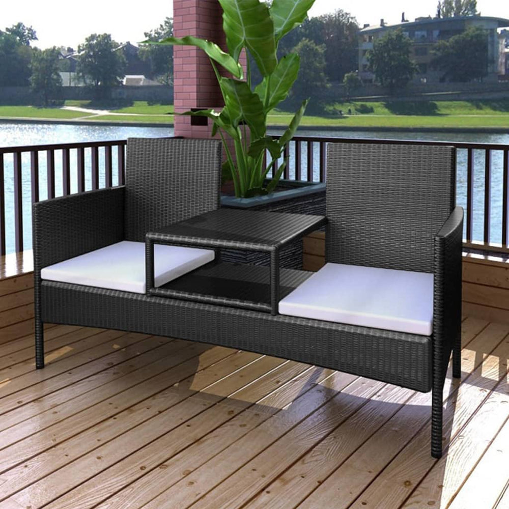 Gartensofa 2-Sitzer mit Tisch Schwarz Rattan