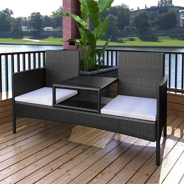 Gartensofa 2-Sitzer mit Tisch Schwarz Rattan