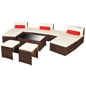 10-tlg. Garten-Lounge-Set mit Auflagen Poly Rattan Braun