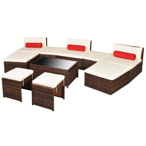 10-tlg. Garten-Lounge-Set mit Auflagen Poly Rattan Braun