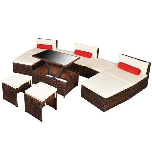 10-tlg. Garten-Lounge-Set mit Auflagen Poly Rattan Braun