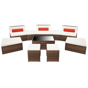 10-tlg. Garten-Lounge-Set mit Auflagen Poly Rattan Braun