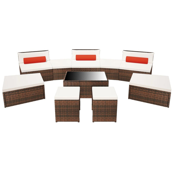 10-tlg. Garten-Lounge-Set mit Auflagen Poly Rattan Braun