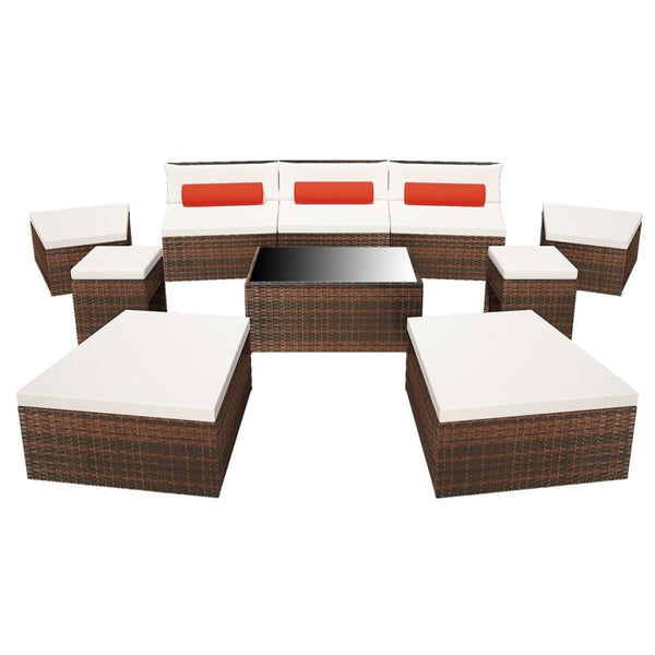 10-tlg. Garten-Lounge-Set mit Auflagen Poly Rattan Braun