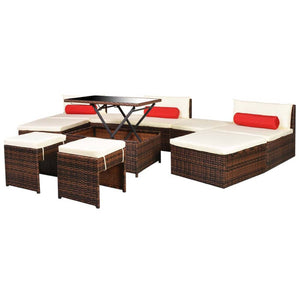 10-tlg. Garten-Lounge-Set mit Auflagen Poly Rattan Braun