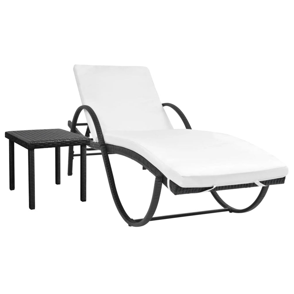 Schwarze Poly Rattan Sonnenliege mit Auflage & Tisch