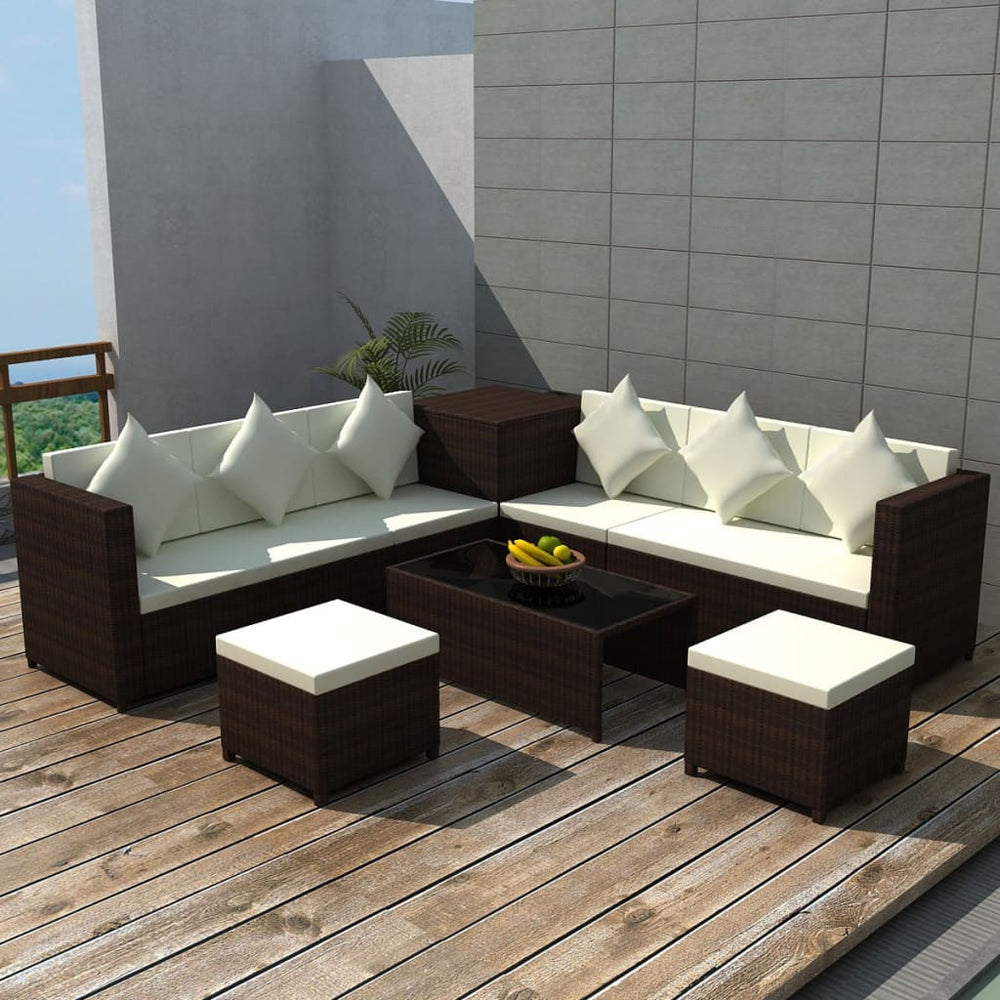 8-tlg. Garten-Lounge-Set mit Auflagen Poly Rattan Braun