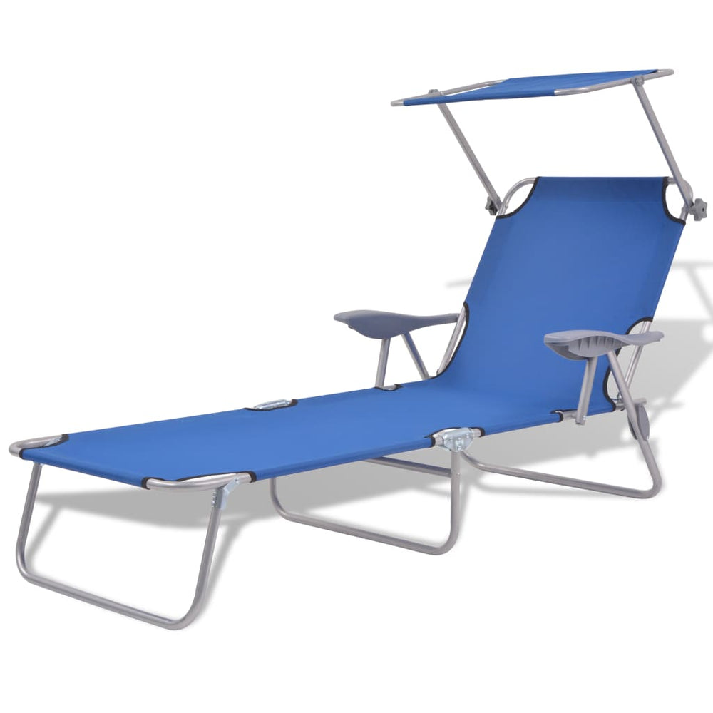 Blaue Sonnenliege mit Sonnenschutz