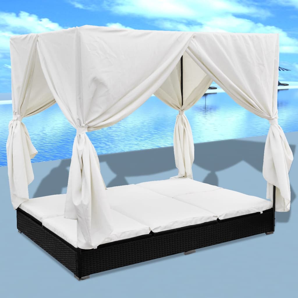 Outdoor-Lounge-Bett mit Vorhang, Schwarz