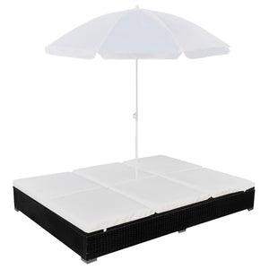 Outdoor-Lounge-Bett mit Sonnenschirm, Poly Rattan, Schwarz