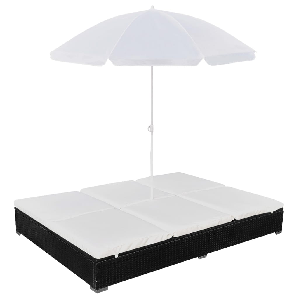Outdoor-Lounge-Bett mit Sonnenschirm, Poly Rattan, Schwarz