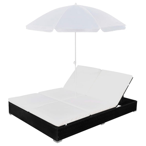 Outdoor-Lounge-Bett mit Sonnenschirm, Poly Rattan, Schwarz