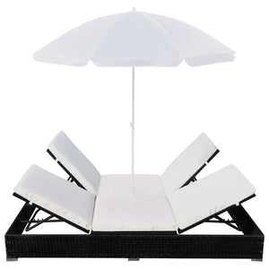 Outdoor-Lounge-Bett mit Sonnenschirm, Poly Rattan, Schwarz