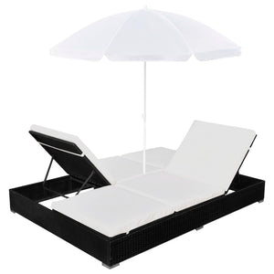 Outdoor-Lounge-Bett mit Sonnenschirm, Poly Rattan, Schwarz