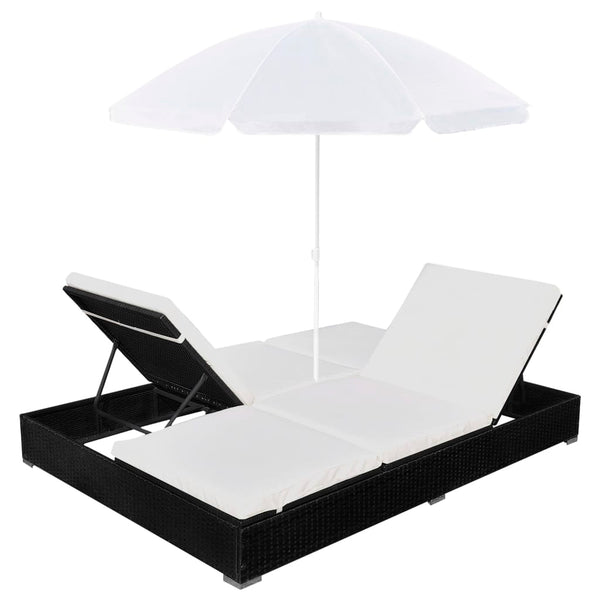 Outdoor-Lounge-Bett mit Sonnenschirm, Poly Rattan, Schwarz