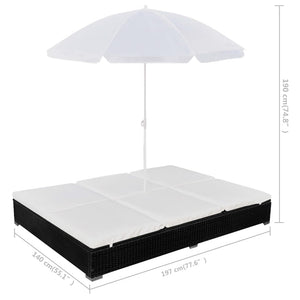 Outdoor-Lounge-Bett mit Sonnenschirm, Poly Rattan, Schwarz
