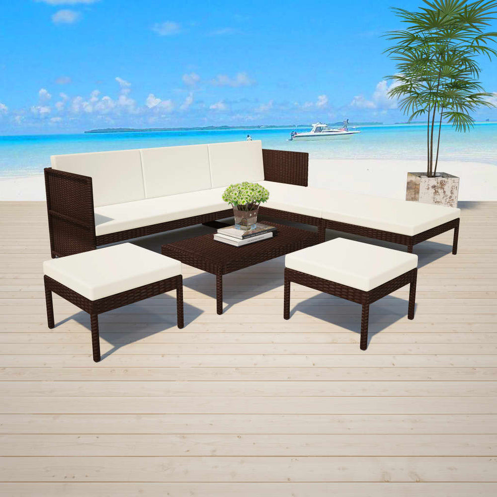 vidaXL Salon de jardin 6 pcs avec coussins résine tressée Marron